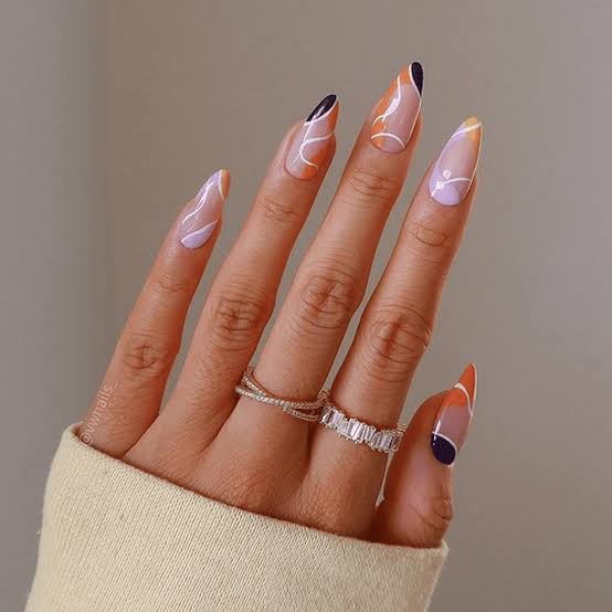 Long Almond Nails with Abstract Purple, Orange, and Blue Swirls — Best Cute Almond Nails