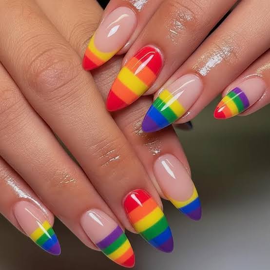 Medium Almond Nails with Rainbow Stripe French Tips — Best Cute Almond Nails