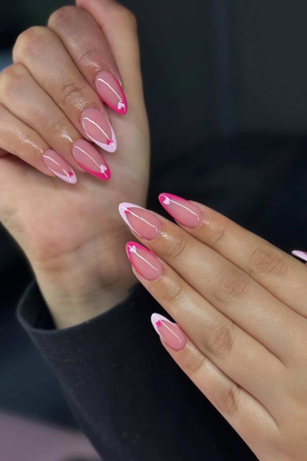 Medium Almond Nails with Double Line Hot Pink French Tips and Heart — Best Cute Almond Nails