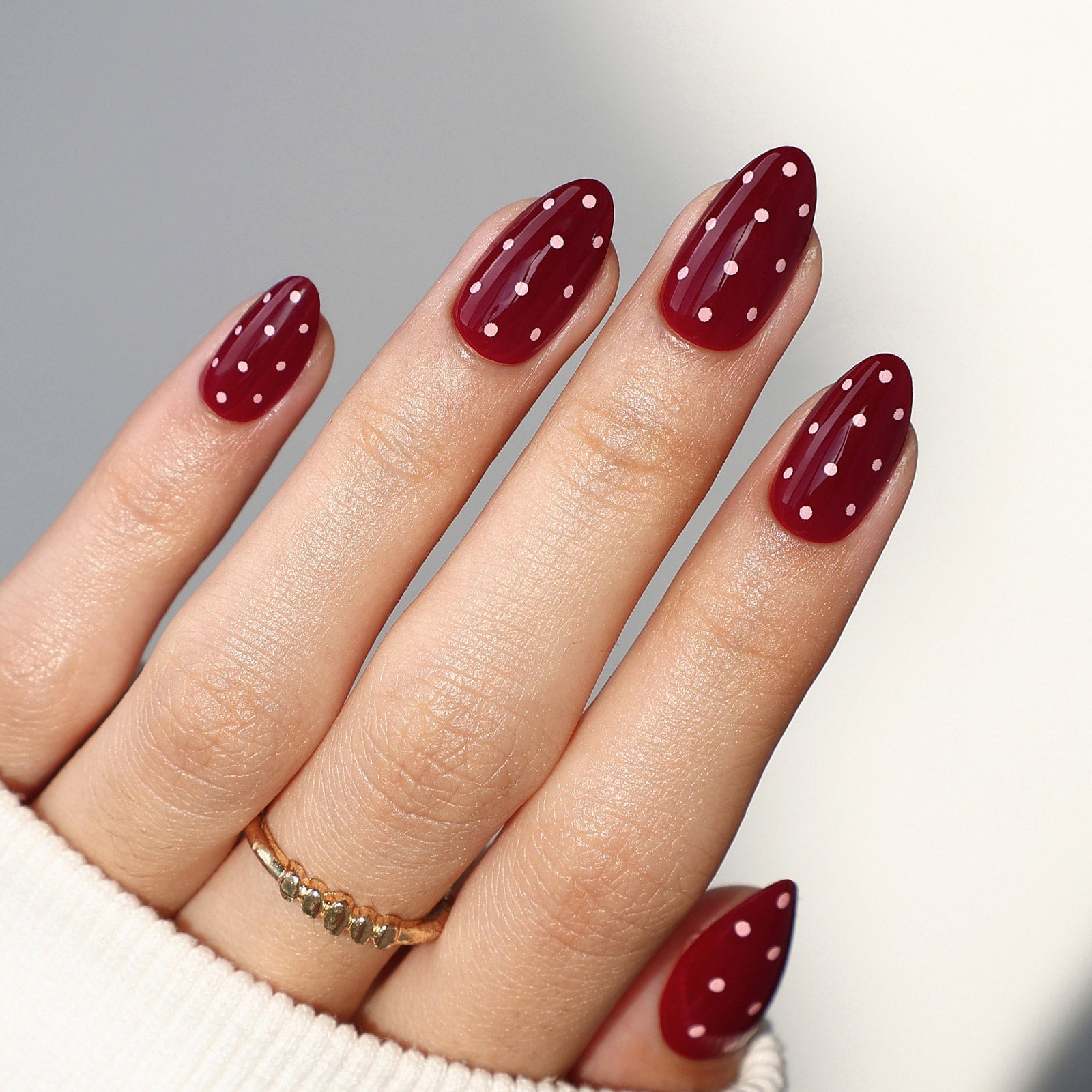 Glossy Deep Red with White Polka Dots Medium Almond Nails — Best Cute Almond Nails