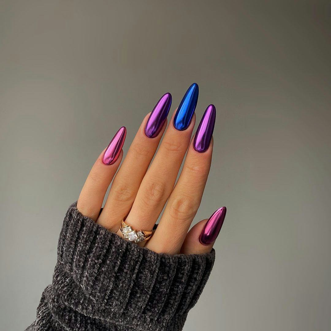 Long Almond Nails with High-Shine Metallic Chrome Finish — Best Cute Almond Nails