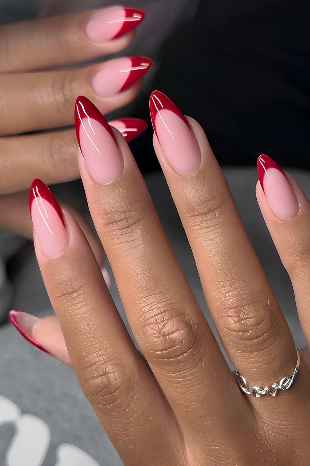 Sheer Pink with Bold Red French Tips Long Almond Nails — Best Cute Almond Nails
