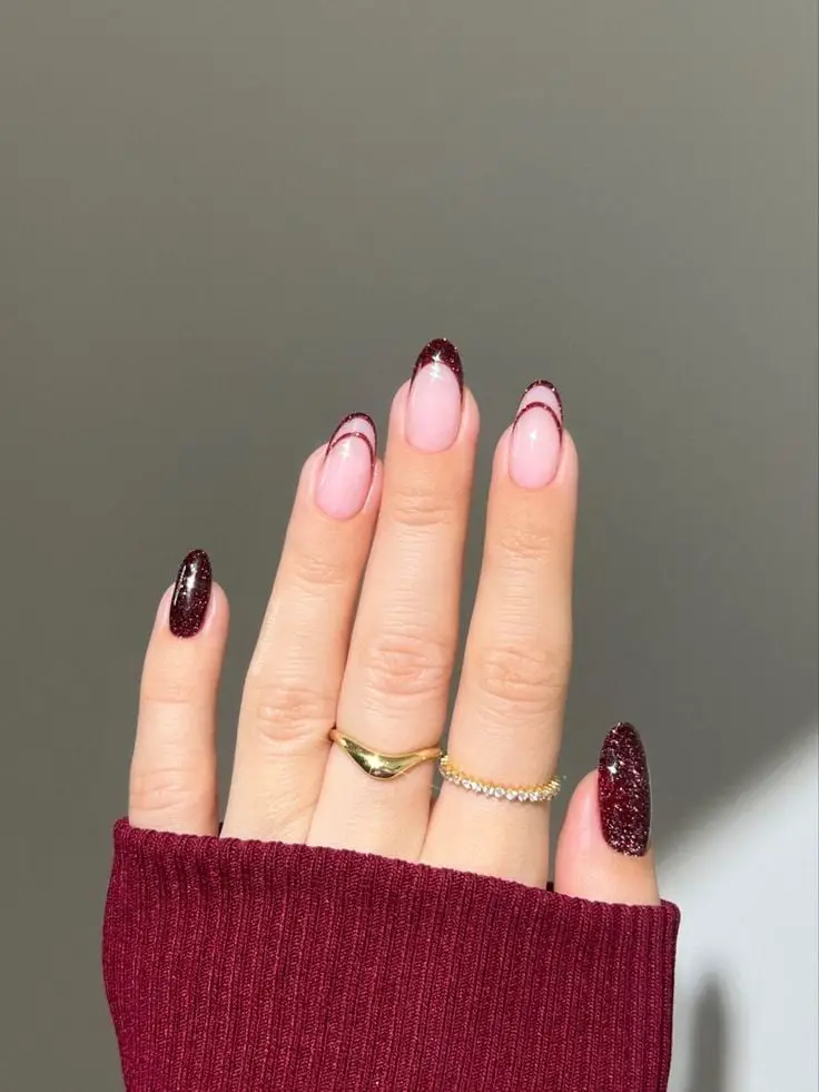 Sheer Pink Medium Almonds with Dark Red French Tips and Glitter — Best Cute Almond Nails