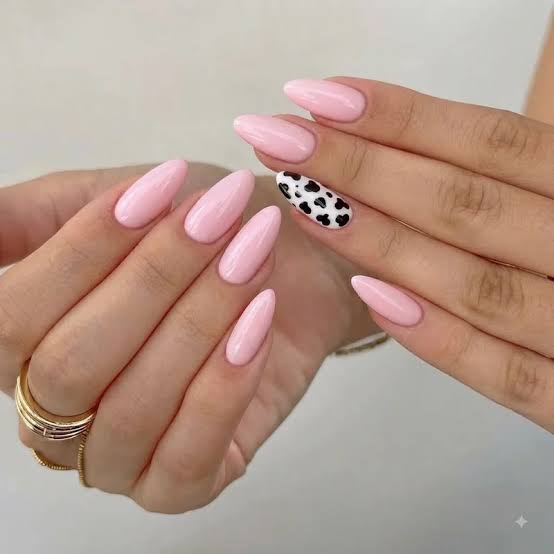 Pale Pink Medium Almonds with Black and White Cow Print Accent — Best Cute Almond Nails