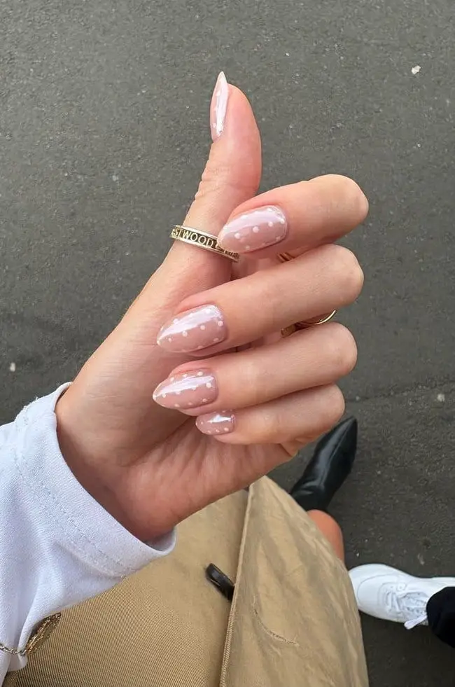 Short Almond Nails with White Polka Dots on Nude Base — Best Cute Almond Nails