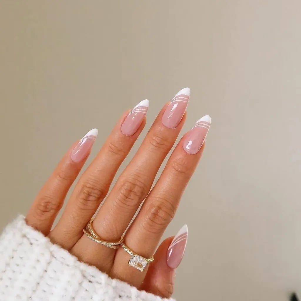 Almond Nails With White French Tip And Lines — Best Cute French Tip Nails