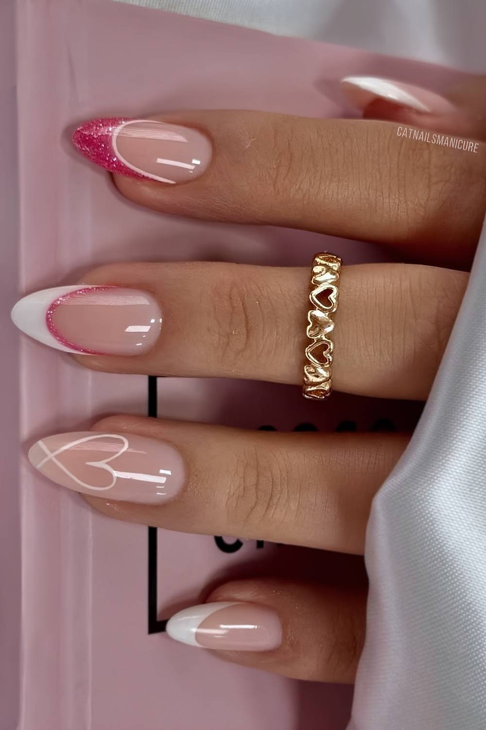Oval Nails With Pink Glitter Heart French Tips — Best Cute French Tip Nails