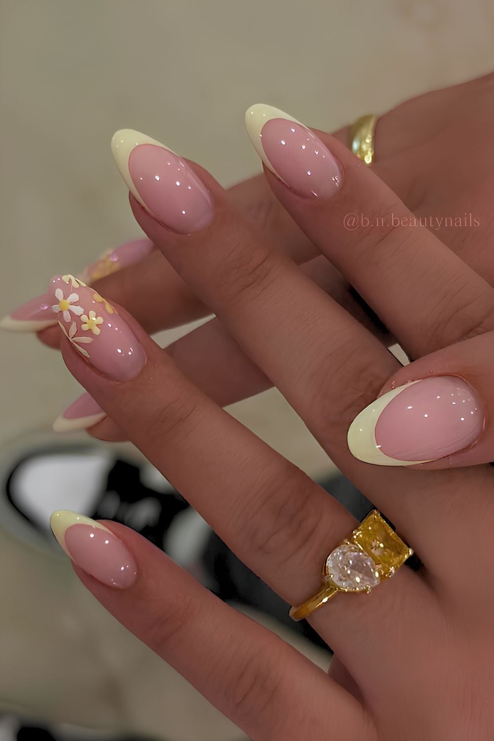 Oval Nails With Pale Yellow French Tips And Flowers — Best Cute French Tip Nails