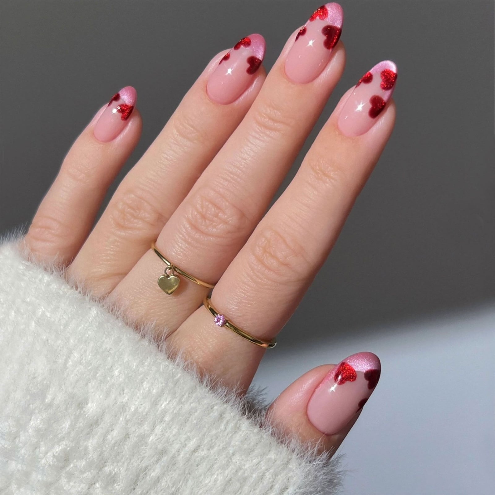 Oval Nails With Pink Shimmer And Red Hearts — Best Cute French Tip Nails