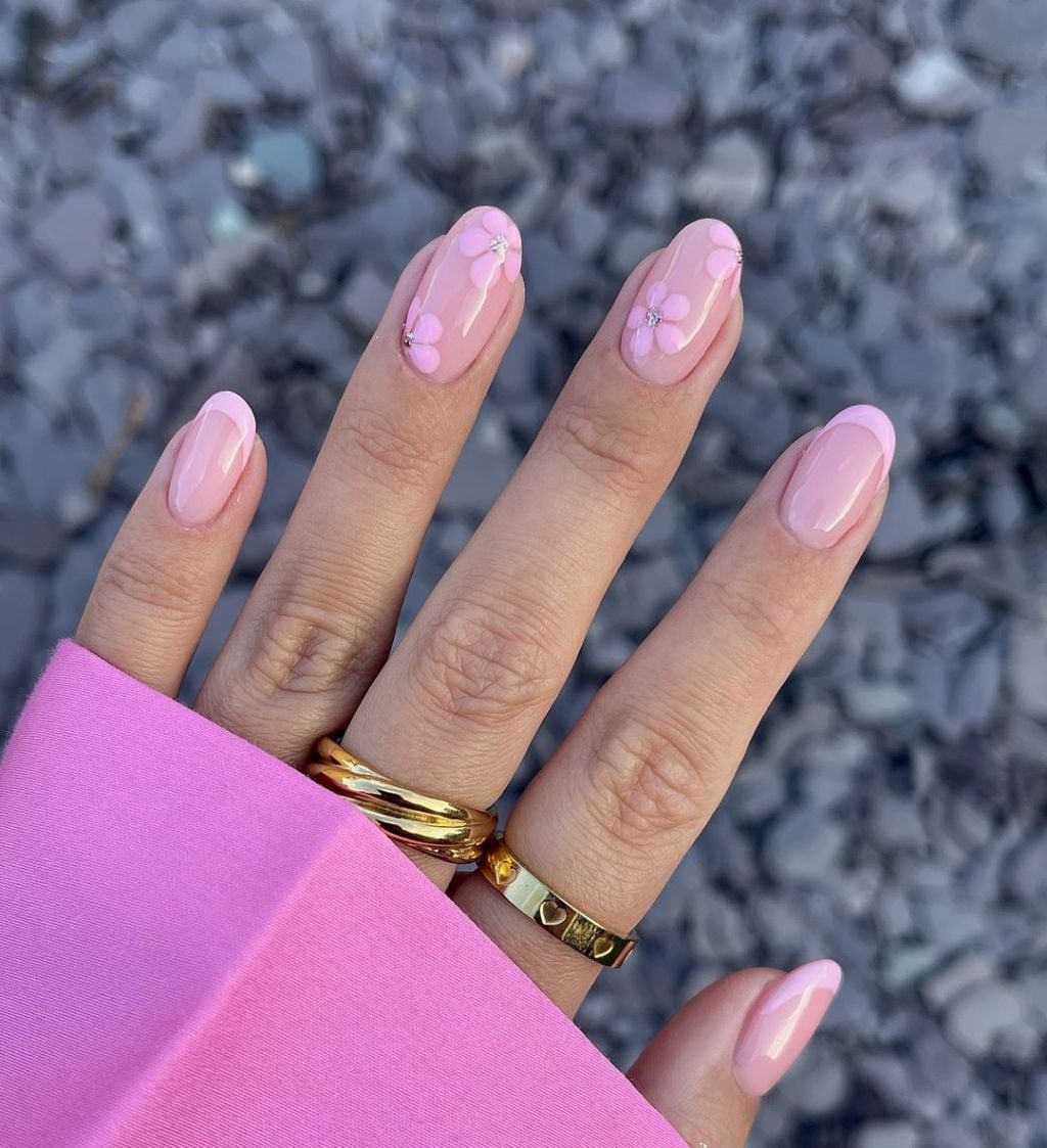 Almond Nails With Pink Floral Accents — Best Cute French Tip Nails
