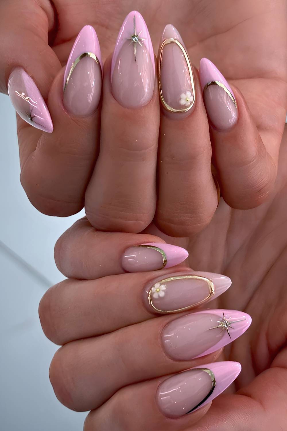 Almond Nails With Bright Pink Tips And Gold Accents — Best Cute French Tip Nails