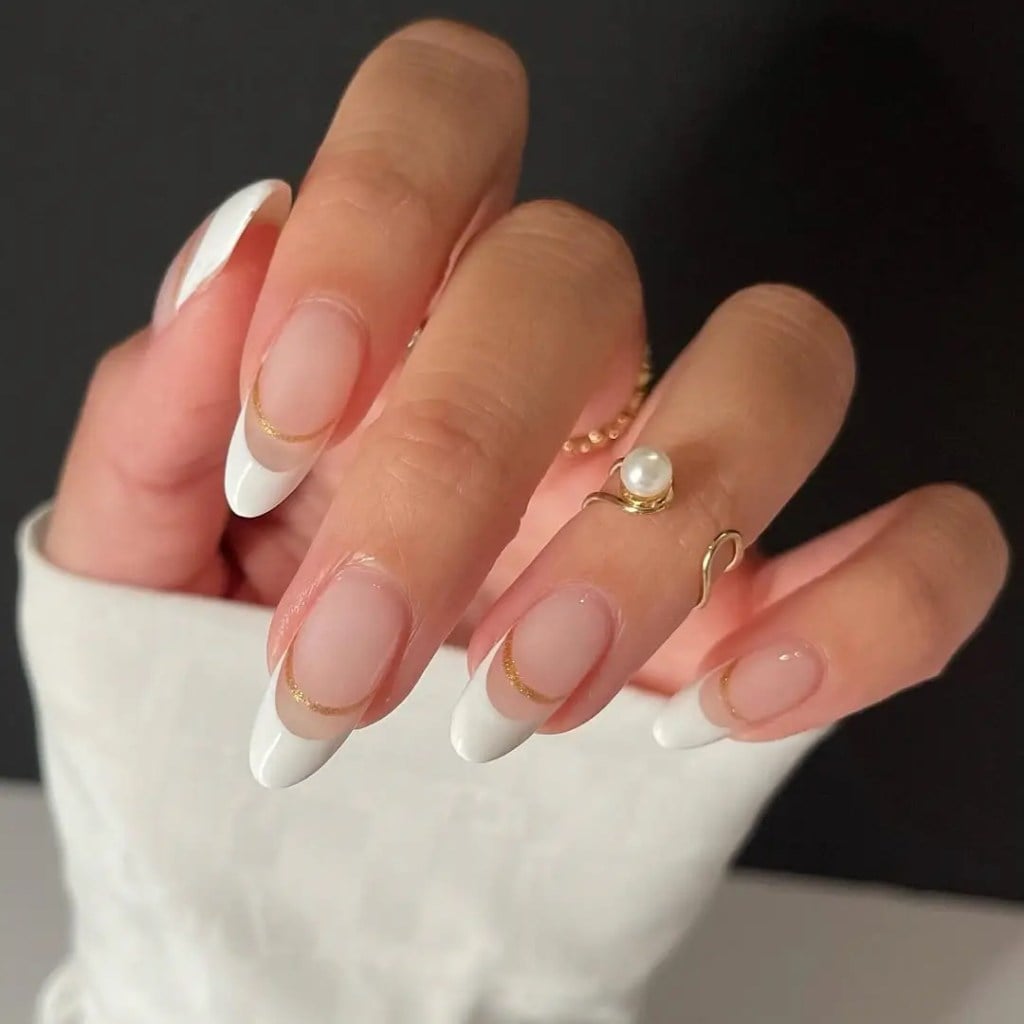 Oval Nails With White French Tips And Gold Line — Best Cute French Tip Nails