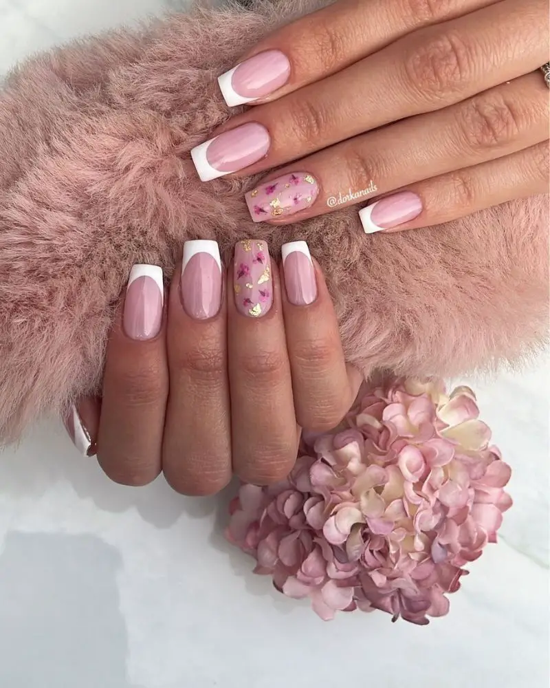 Square Nails With White French Tips And Gold Foil — Best Cute French Tip Nails