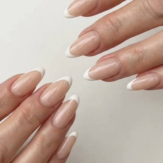 Medium Almond Nails With Classic White French Tips, Glossy — Best Cute French Tip Nails
