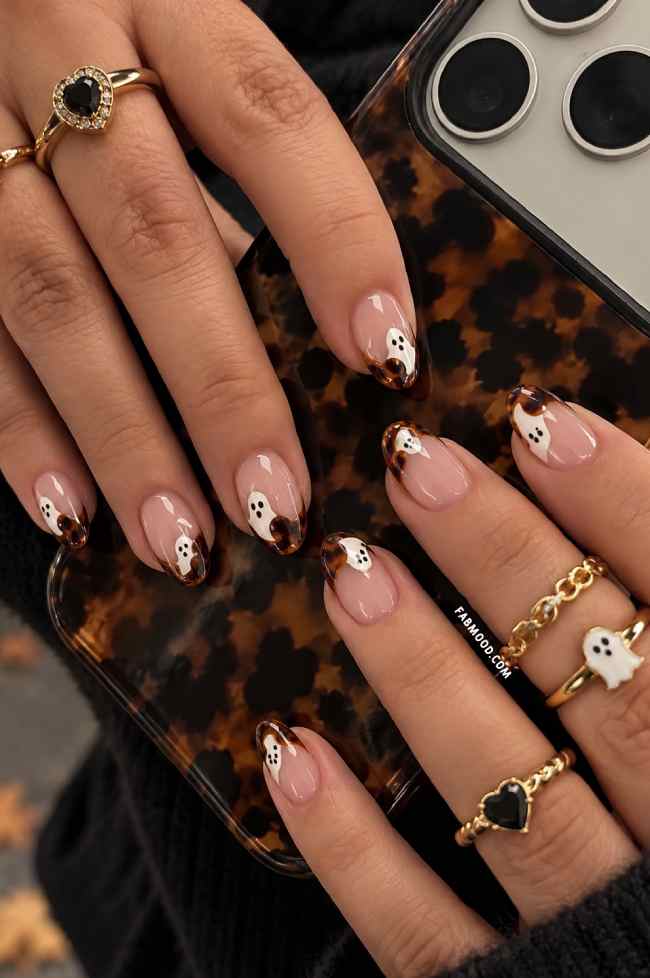 Almond Nails With Tortoiseshell Tips And Ghost Figures — Best Cute French Tip Nails