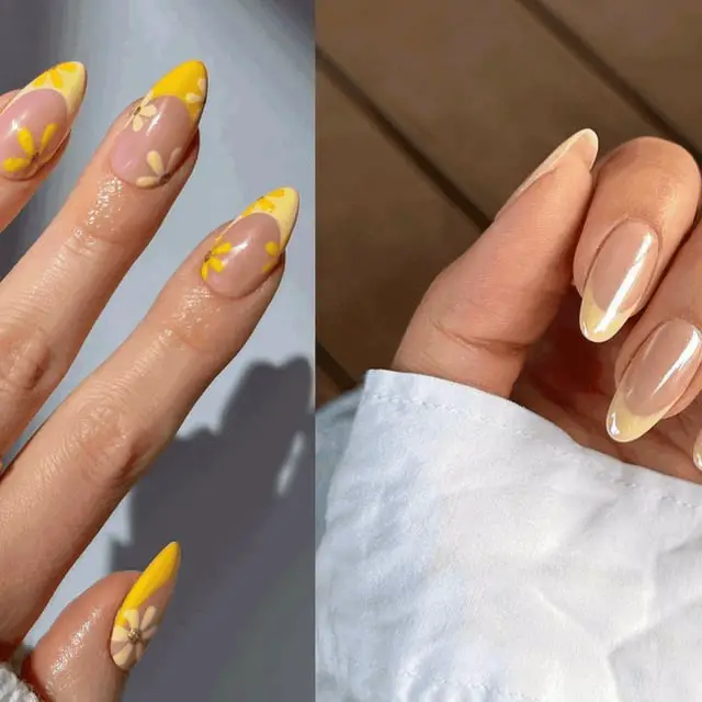 Almond Nails With Yellow French Tips And Flowers — Best Cute French Tip Nails