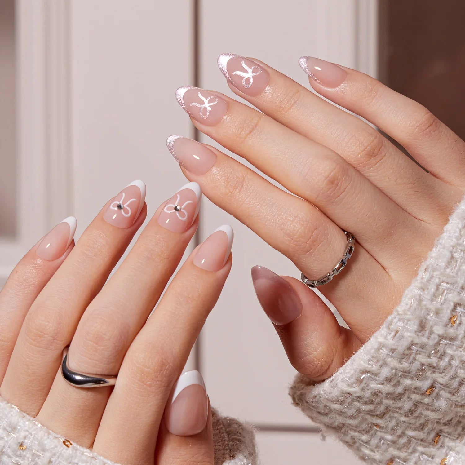 Almond Nails With White French Tips And Bows — Best Cute French Tip Nails