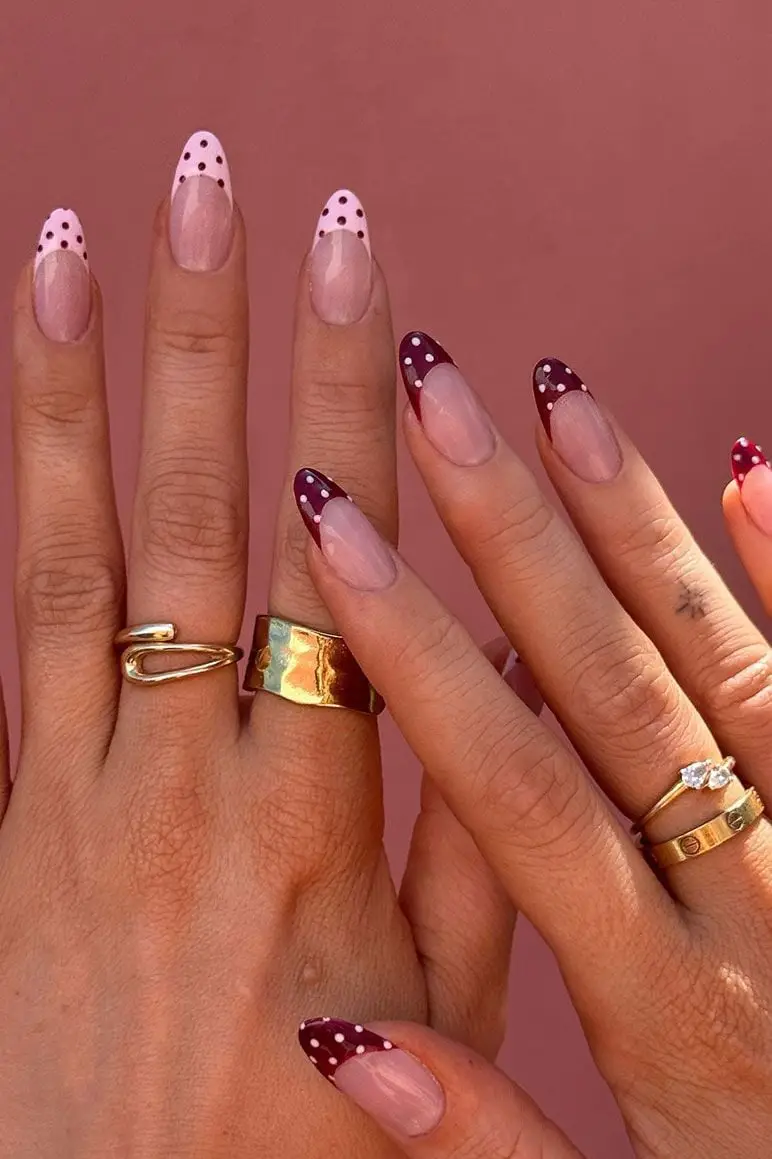 Medium Almond Nails With Green Polka Dot Tips — Best Cute French Tip Nails