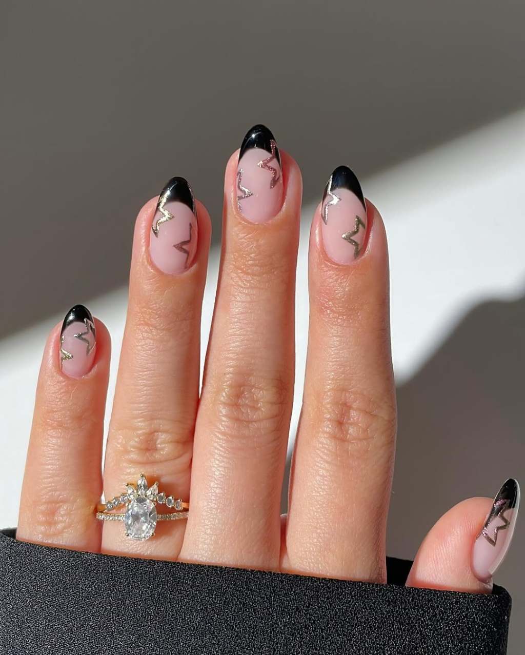 Almond Nails With Black French Tips And Silver Zig-Zags — Best Cute French Tip Nails