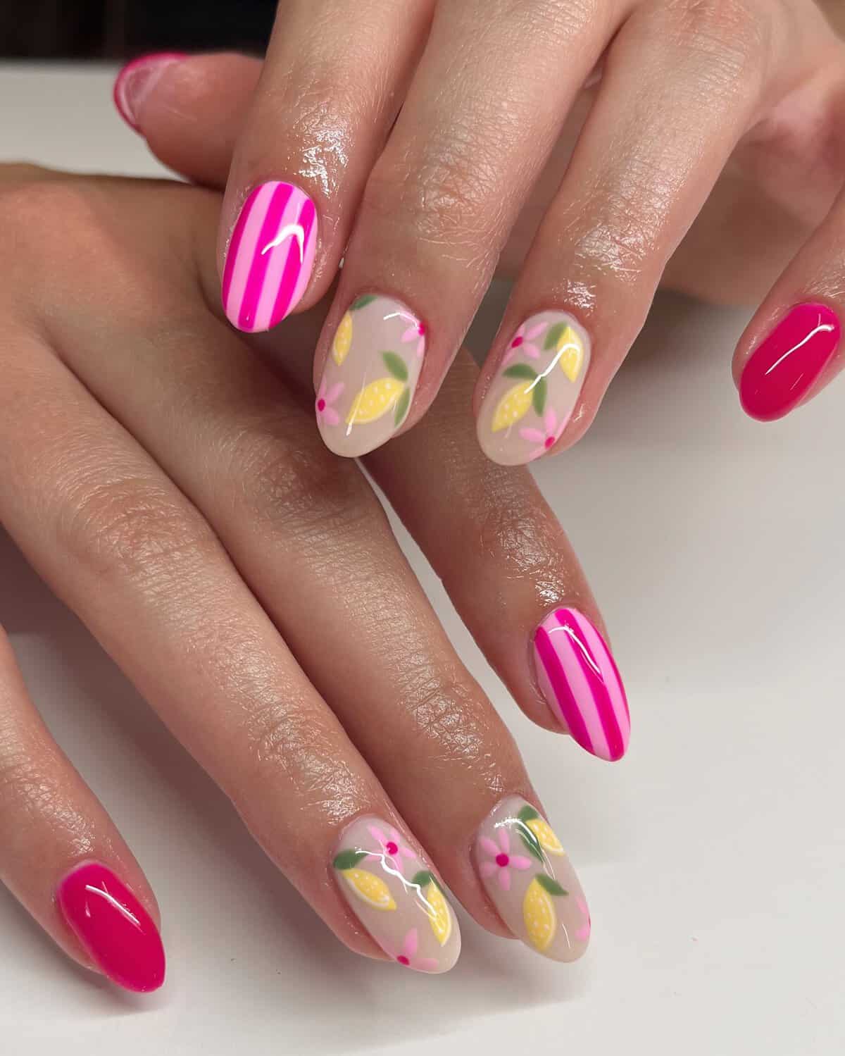Bright Pink Oval Summer Fruit Stripe Nails Bright Pink Oval Summer Fruit Stripe Nails — Best Cute Nails