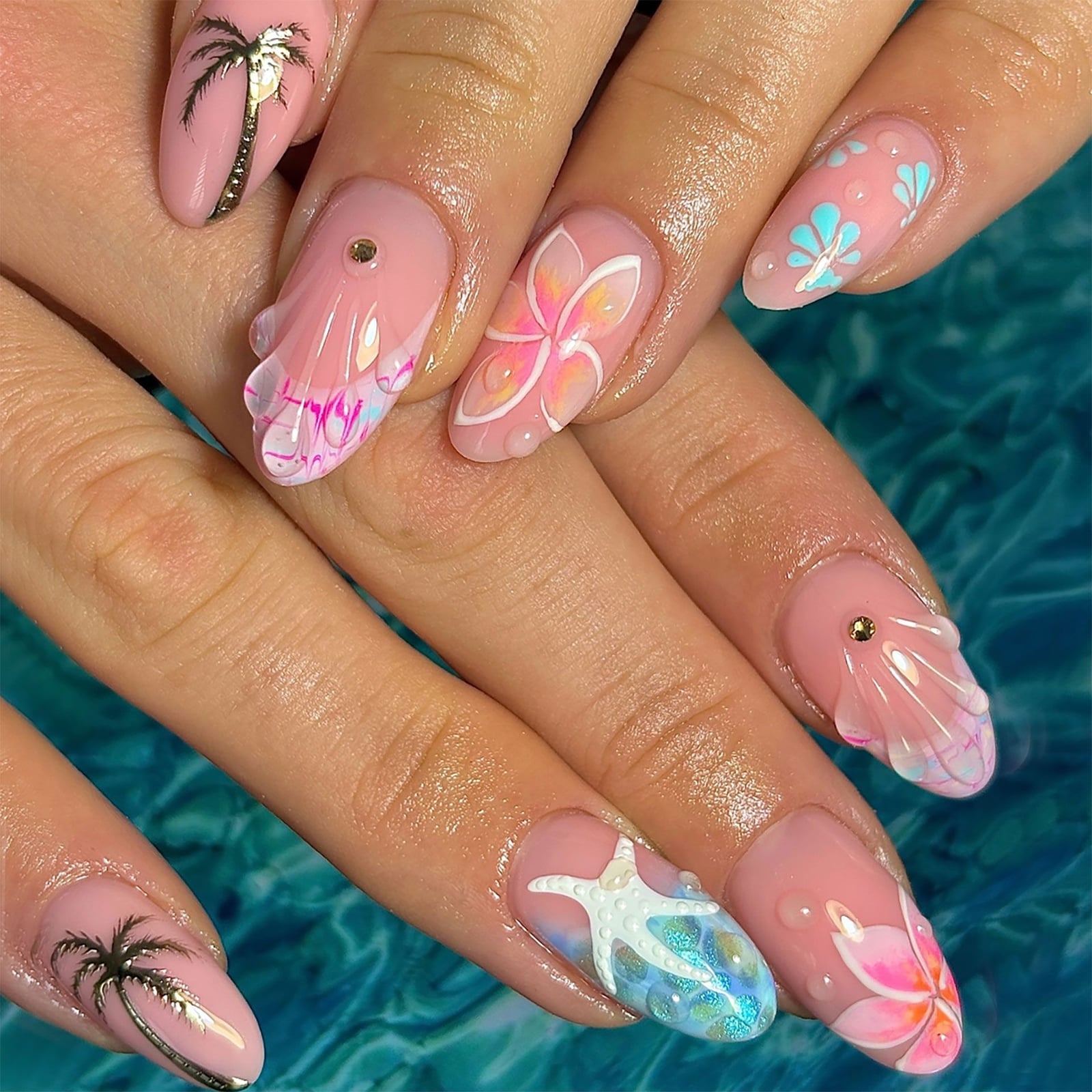 Long Almond Pink Summer Seashell Starfish Palm Tree Nails Long Almond Pink Summer Seashell Starfish Palm Tree Nails — Best Cute Nails