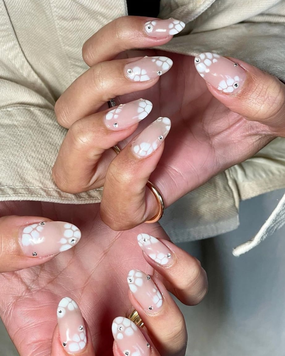 Sheer Nude White Floral Rhinestone Nails Sheer Nude White Floral Rhinestone Nails — Best Cute Nails