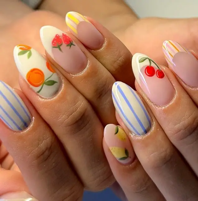 Short Almond Pastel Stripe Fruit Illustration Nails Short Almond Pastel Stripe Fruit Illustration Nails — Best Cute Nails