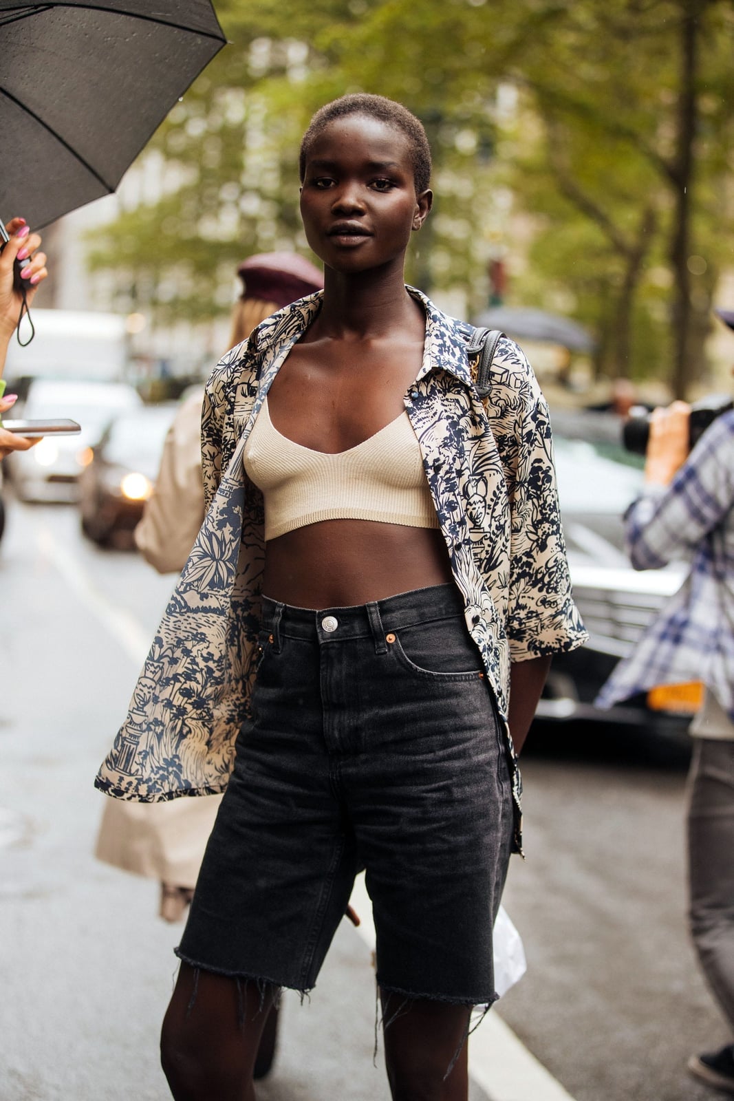 Printed Open Shirt Over Bralette with Denim Shorts — Best Cute Outfits