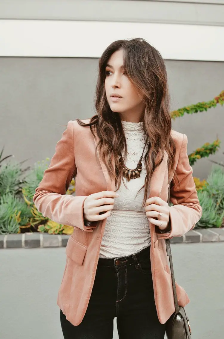 Pink Velvet Blazer Over Lace Top for Chic Evening — Best Cute Outfits