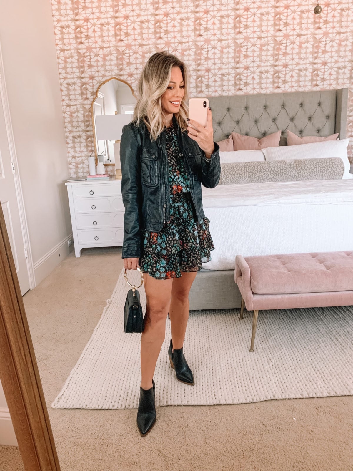 Leather Jacket Over Floral Dress for Casual Evening — Best Cute Outfits