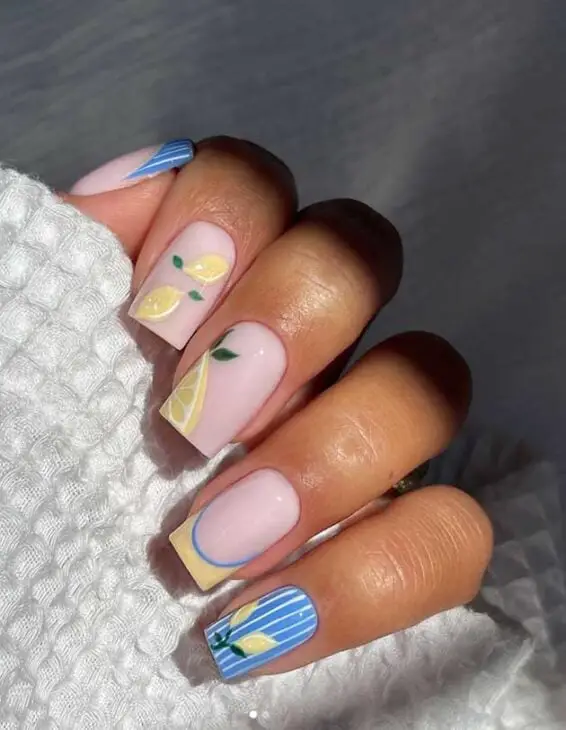 Medium Square Lemon Art French Tip Nails Medium Square Lemon Art French Tip Nails — Best Cute Square Nails