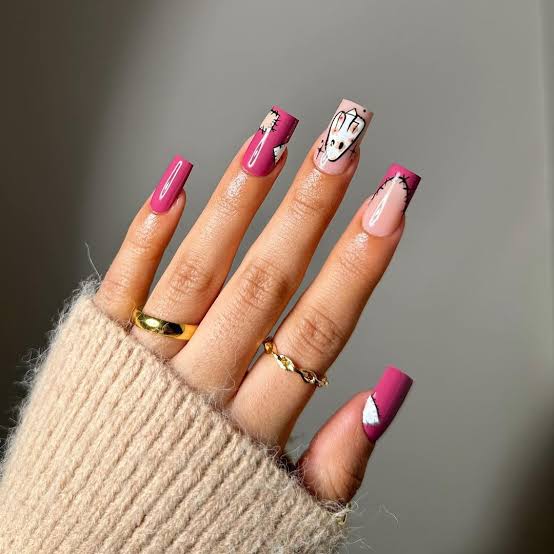 Medium Square Character Art Stitching Nails Medium Square Character Art Stitching Nails — Best Cute Square Nails