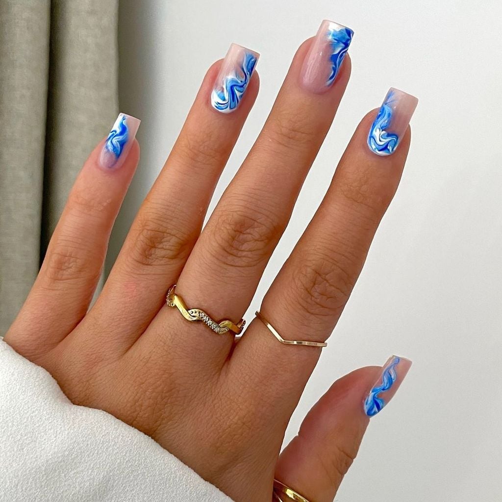 Long Square Sheer Nude With Blue Swirls Long Square Sheer Nude With Blue Swirls — Best Cute Square Nails