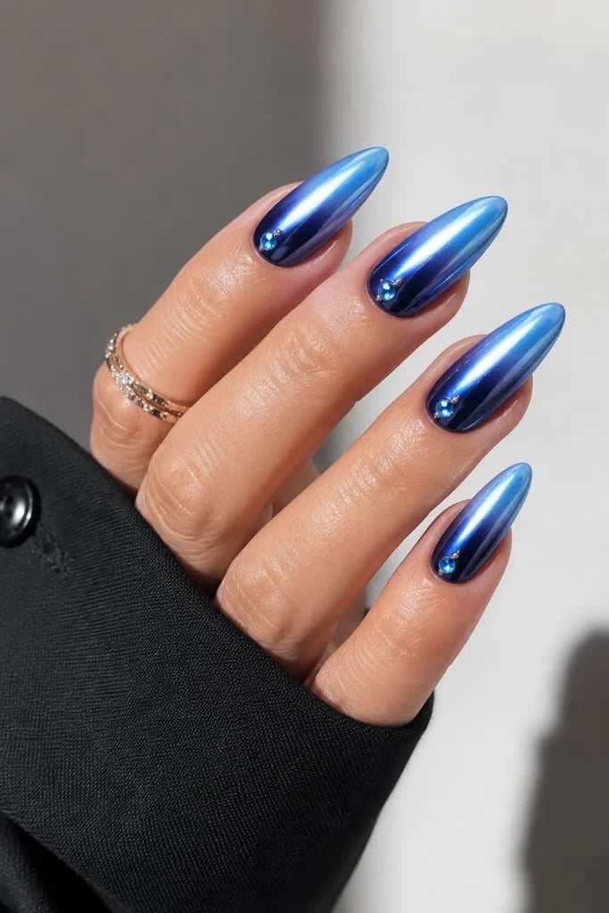 Metallic Blue Chrome Medium-Long Almond Nails Metallic Blue Chrome Medium-Long Almond Nails — Best Elegant Nails