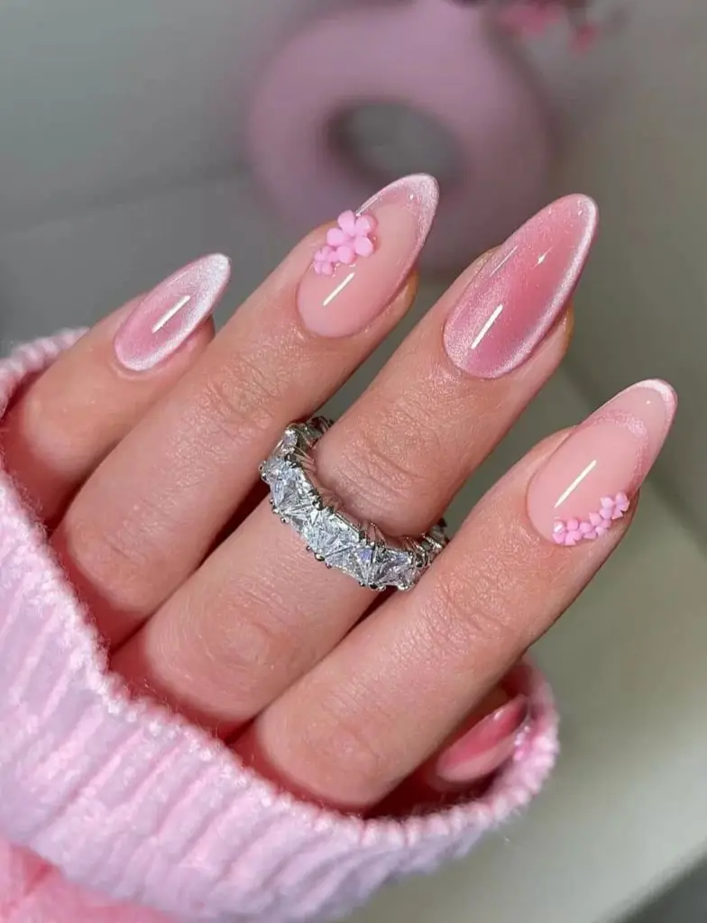 3D Floral Pink Cat-Eye Medium Almond Nails 3D Floral Pink Cat-Eye Medium Almond Nails — Best Elegant Nails