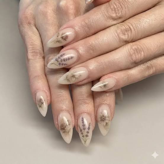 Vintage Botanical Decals Medium Stiletto Nails Vintage Botanical Decals Medium Stiletto Nails — Best Elegant Nails