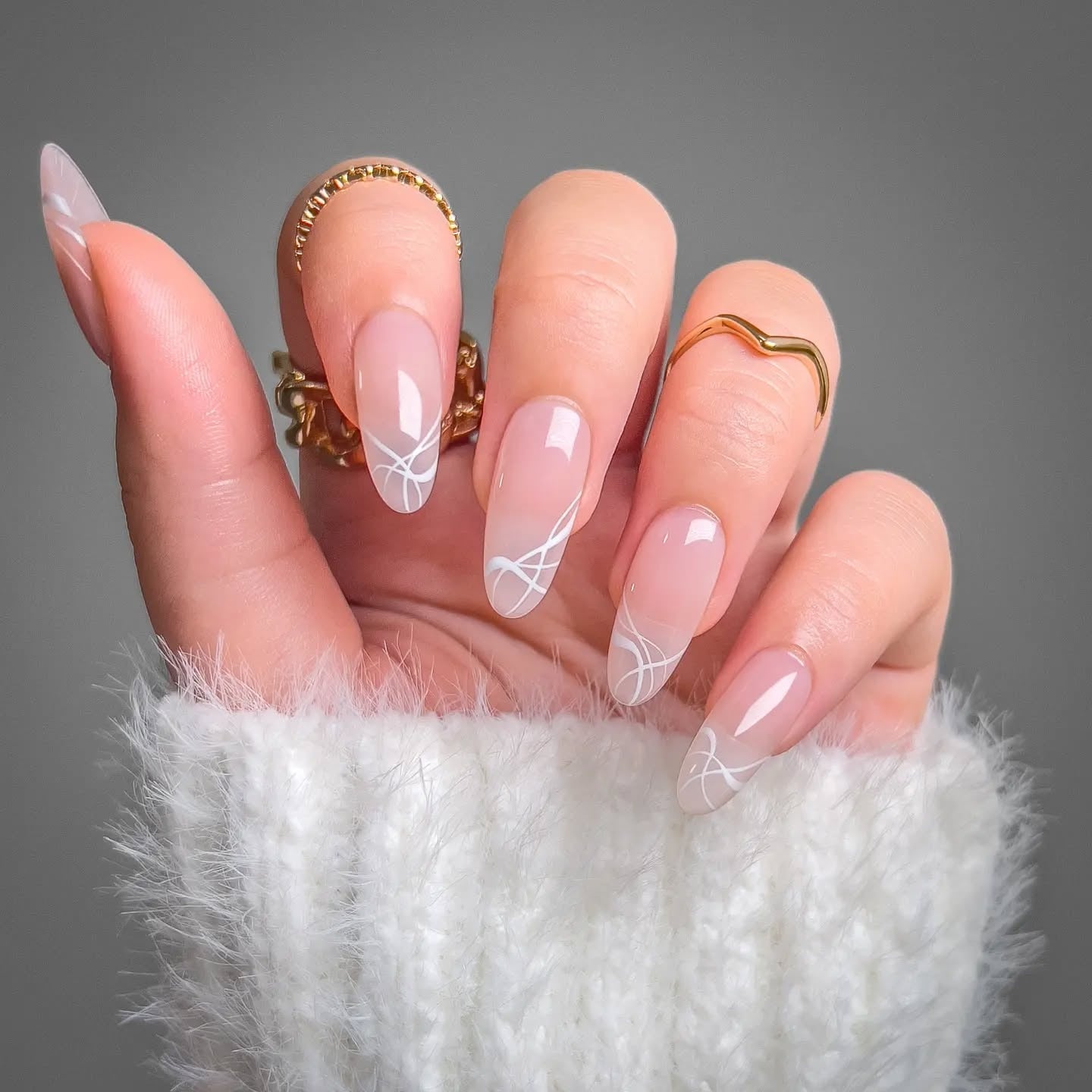 White Fine-Line Abstract Medium Almond Nails White Fine-Line Abstract Medium Almond Nails — Best Elegant Nails