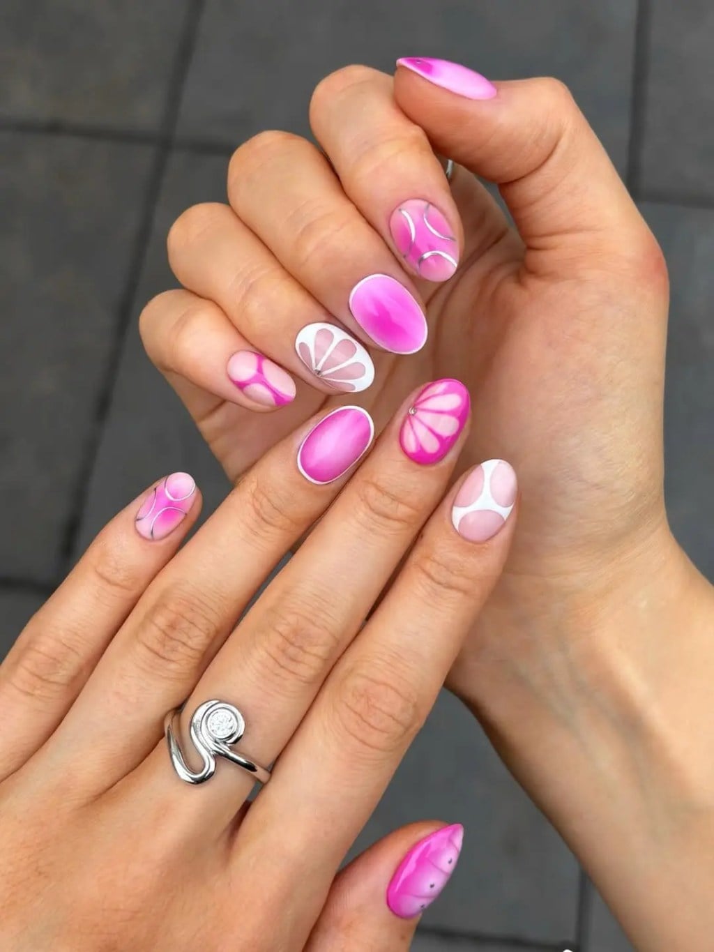 Pink and White Art Medium Oval Gel Nails Pink and White Art Medium Oval Gel Nails — Best Gel Nails