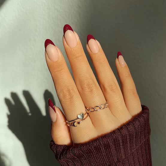 Nude Base Deep Burgundy French Tip Medium Almond Gel Nails Nude Base Deep Burgundy French Tip Medium Almond Gel Nails — Best Gel Nails