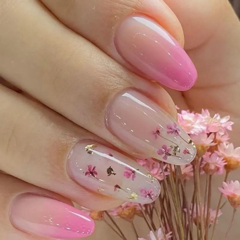 Pink Ombre Medium Almond Gel Nails with Embedded Flowers and Foil Pink Ombre Medium Almond Gel Nails with Embedded Flowers and Foil — Best Gel Nails