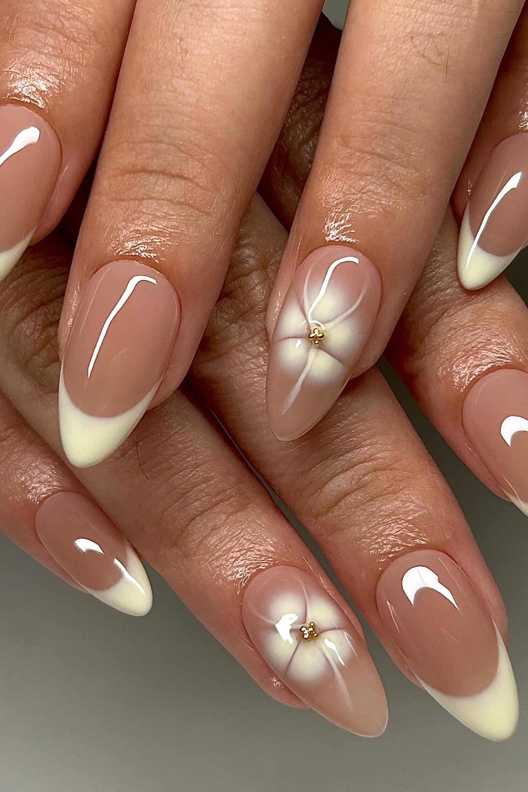 Classic French Medium Almond Gel Nails with 3D Floral Accent Classic French Medium Almond Gel Nails with 3D Floral Accent — Best Gel Nails