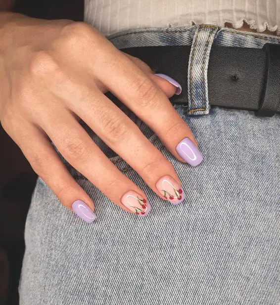 Lavender Short Square Gel Nails with Cherry Blossom Art Lavender Short Square Gel Nails with Cherry Blossom Art — Best Gel Nails