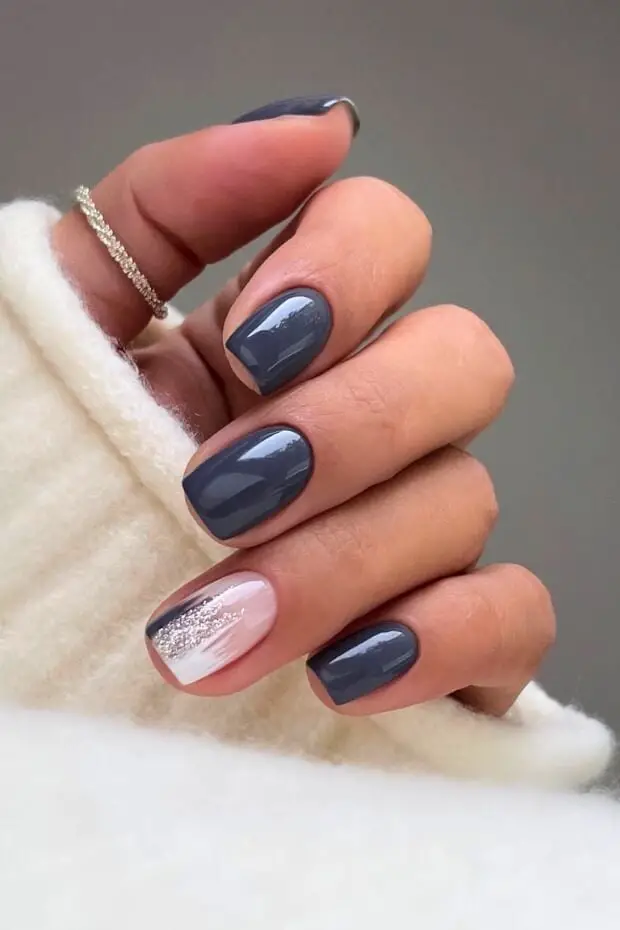 Dark Gray Short Square Gel Nails with Glitter Accent Dark Gray Short Square Gel Nails with Glitter Accent — Best Gel Nails