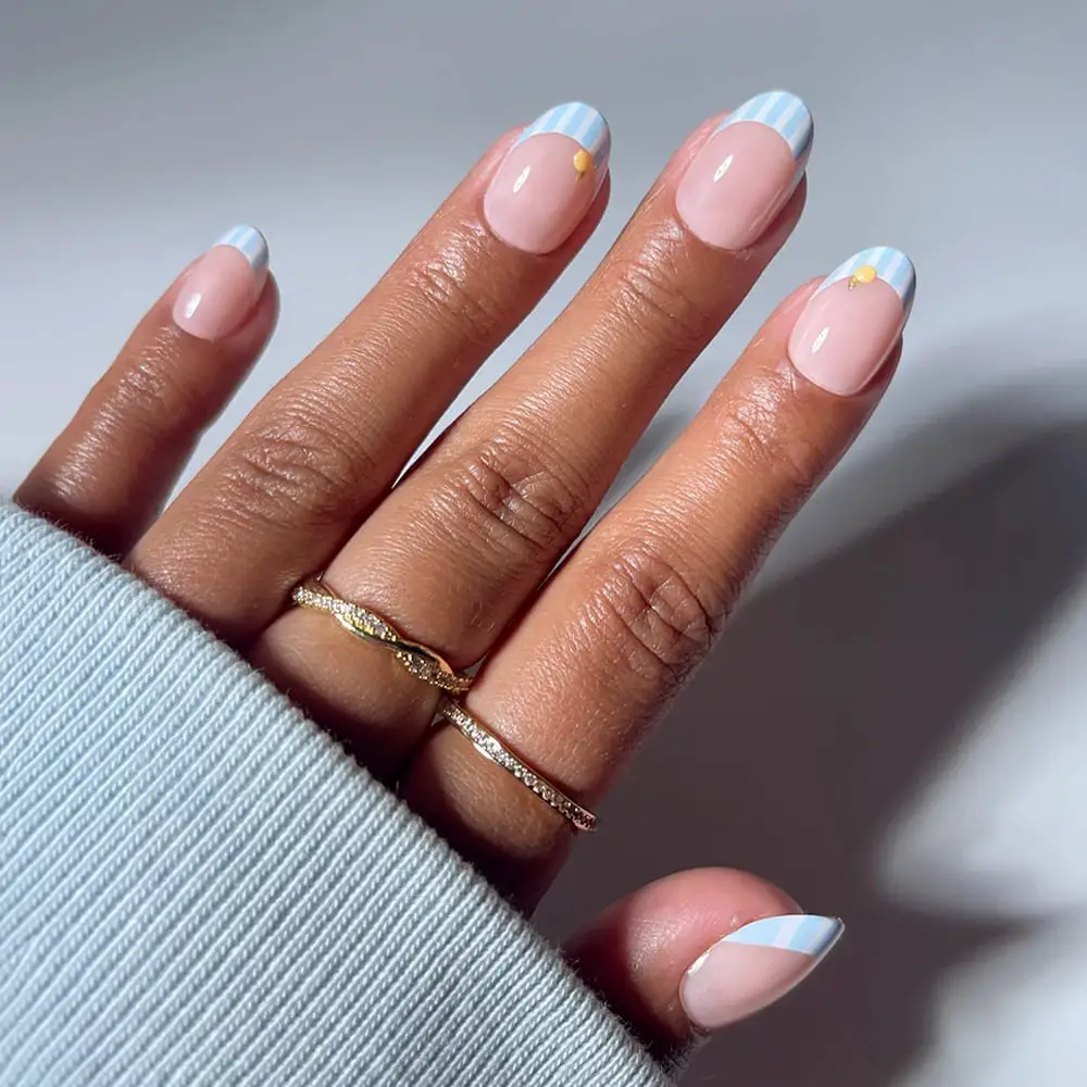 Short Almond Nails With Striped French Tips And Yellow Dot Short Almond Nails With Striped French Tips And Yellow Dot — Best Simple Nails