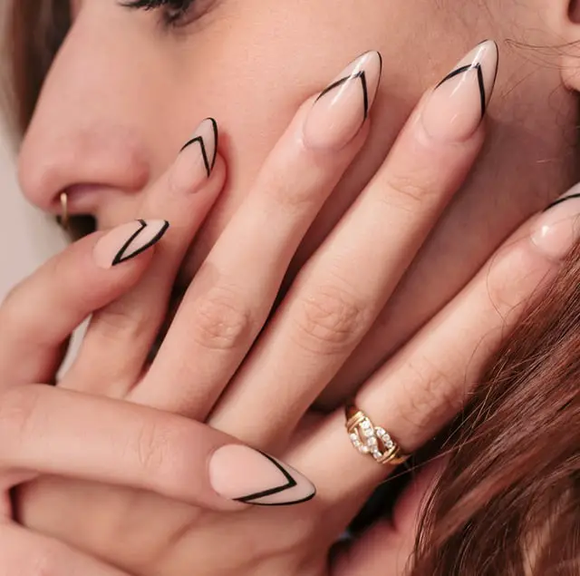 Long Almond Nails With Geometric Black Line French Tips Long Almond Nails With Geometric Black Line French Tips — Best Simple Nails
