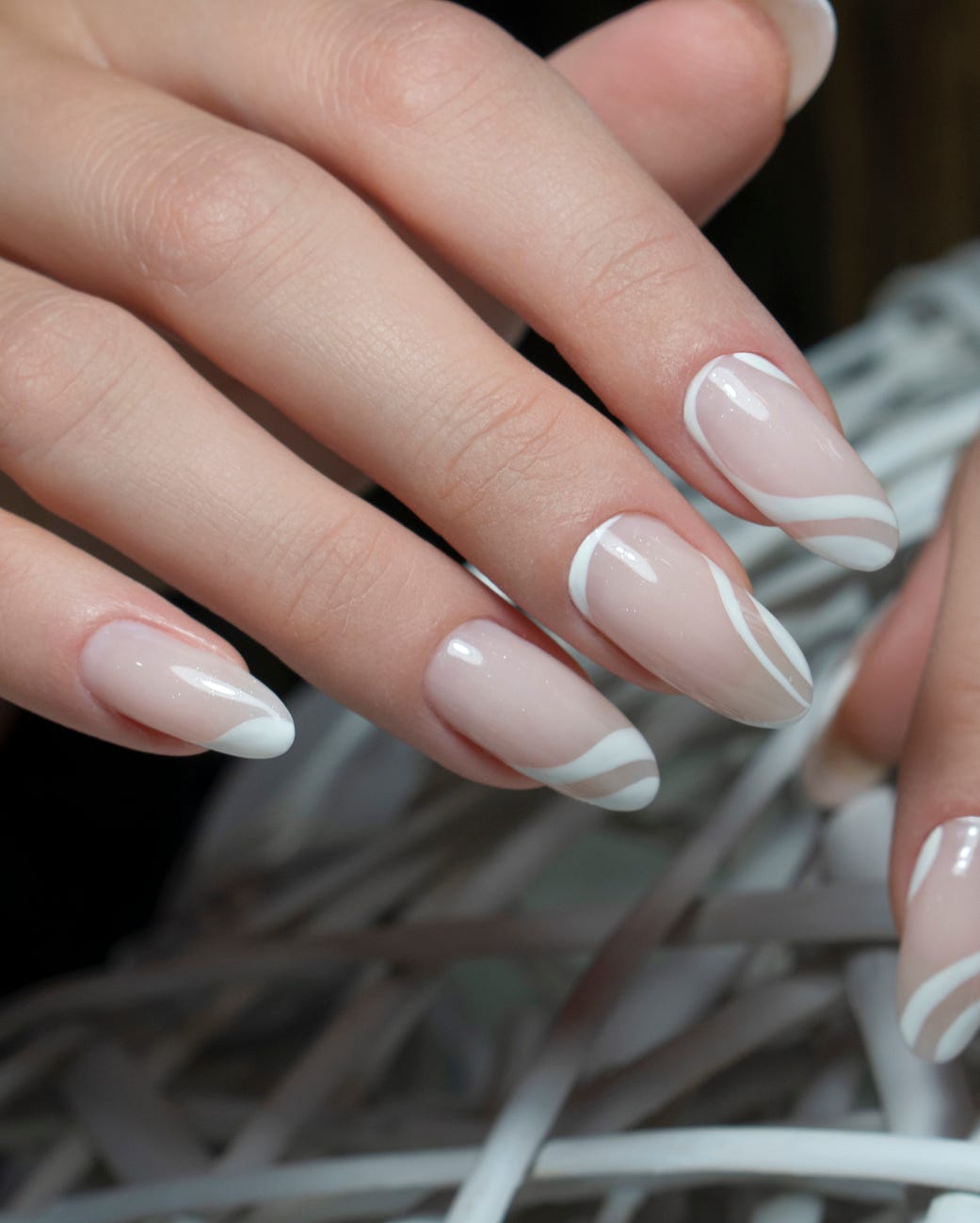Medium Almond Nails With White French Tips And Abstract Lines Medium Almond Nails With White French Tips And Abstract Lines — Best Simple Nails