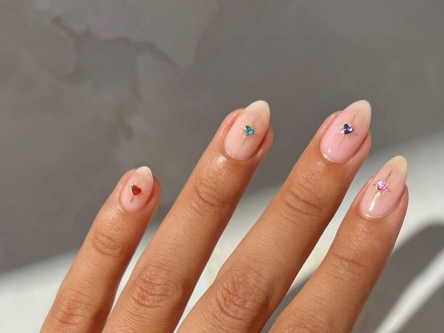 Sheer Pink Almond Nails With Heart Rhinestone Accents Sheer Pink Almond Nails With Heart Rhinestone Accents — Best Simple Nails