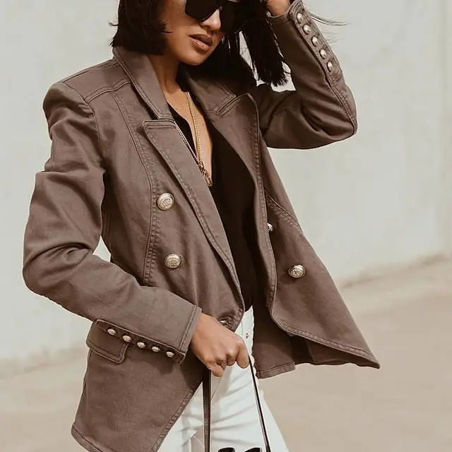 Gray Military-Style Blazer with Gold Buttons — Best Trendy Outfits