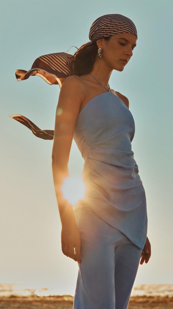 Light Blue Ruched Halter Top with Wide-Leg Trousers — Best Trendy Outfits