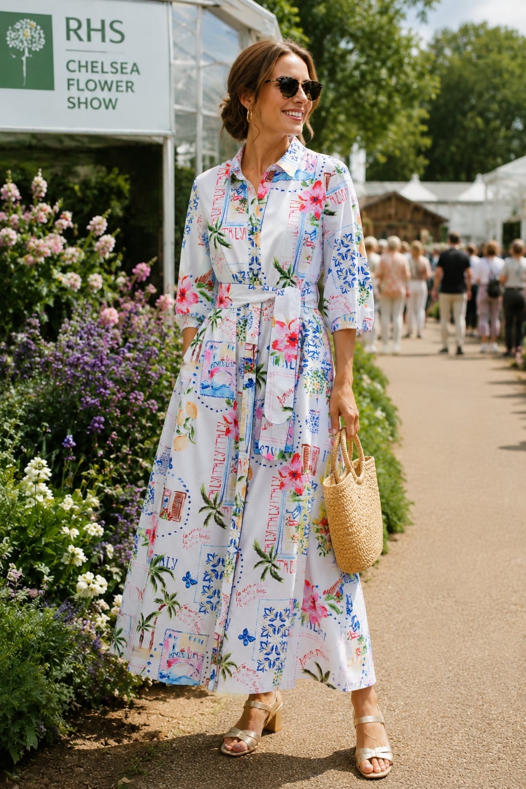 White Tropical Print Midi Dress with Belted Waist — Best Trendy Outfits
